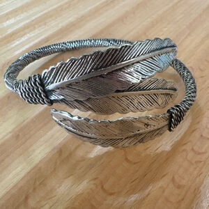 Silver Feather Cuff Bracelet Size 2” inside diameter